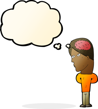 Düşünce baloncuğu insan tarafından çizilmiş büyük beyinli çizgi film adamı.