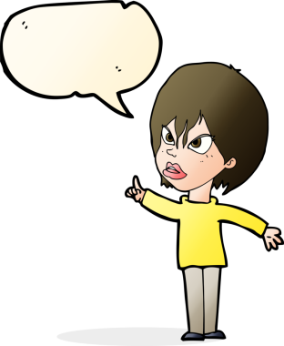 Bir insan tarafından çizilen konuşma baloncuğuyla tartışan çizgi film kadını.