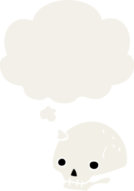 Düşünce baloncuğu olan, bir insan tarafından çizilmiş garip bir kafatası.