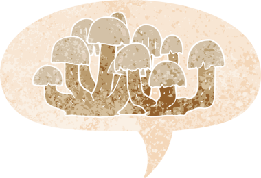 grunge 'da konuşma baloncuğu olan karikatür mantarı bir insan tarafından çizilmiş dertli retro dokuma tarzı