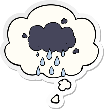 Düşünce baloncuklarıyla yağmur yağıyor. Bir insan tarafından çizilmiş bir çıkartma gibi.