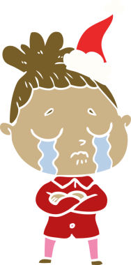 Bir insan tarafından çizilmiş Noel Baba şapkası takan ağlayan bir kadının düz renkli çizimi.