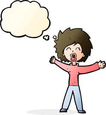 Bir insan tarafından çizilmiş düşünce balonuyla bağıran çizgi film kadını.