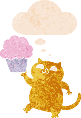 Düşünce baloncuklu kapkek ile çizgi film kedisi grunge sıkıntılı retro dokuma tarzı bir insan tarafından çizilmiş