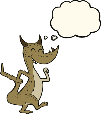 Bir insan tarafından çizilmiş düşünce balonlu mutlu ejderha çizgi filmi.