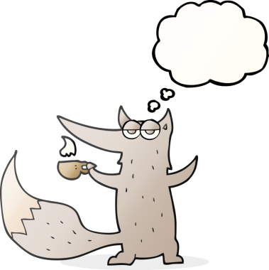 Bir insan tarafından çizilmiş kahve fincanı ile serbest çizilmiş düşünce balonu karikatür kurdu.