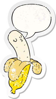 Konuşma baloncuklu çizgi film muzu bir insan tarafından çizilmiş sıkıntılı eski bir çıkartma