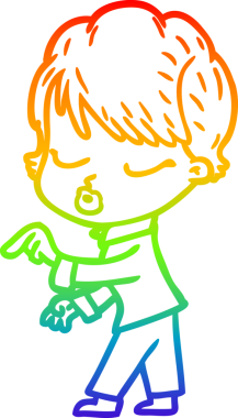 Gökkuşağı gradyan çizgi çizimi bir insan tarafından çizilmiş gözleri olan bir karikatür kadın