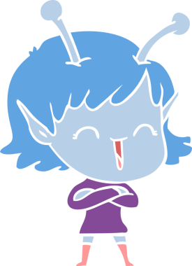 Düz renkli çizgi film mutlu uzaylı kız bir insan tarafından çizilmiş.