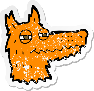 Bir insan tarafından çizilmiş kendini beğenmiş tilki suratlı bir çizgi film çıkartması.