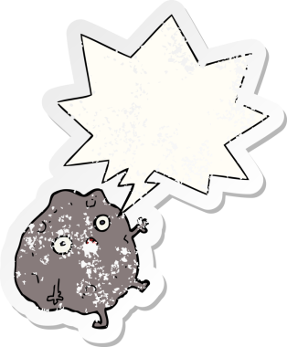 Konuşma baloncuğuyla düşen karikatür bir insan tarafından çizilmiş sıkıntılı eski bir çıkartma