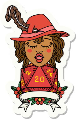 Bir insan ozan karakterinin çıkartması. Bir insan tarafından çizilmiş doğal 20 zar.