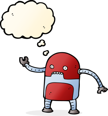Bir insan tarafından çizilmiş düşünce baloncuklu komik robot.