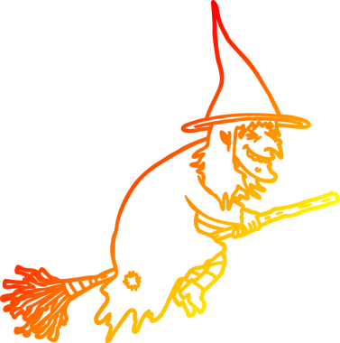 Bir insan tarafından süpürgeye çizilmiş bir cadının sıcak çizgi çizimi