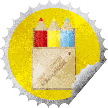 Bir insan tarafından çizilmiş renkli kalem paketi grafik vektör illüstrasyon yuvarlak etiket pulu