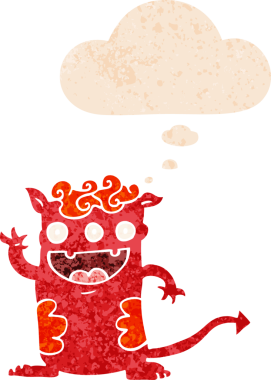 Karikatür cadılar bayramı canavarı. Grunge 'da düşünce baloncuğu var. İnsan tarafından çizilmiş derili eski tarz.