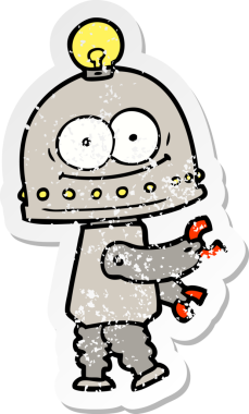 Bir insan tarafından çizilmiş ampullü mutlu bir robot çıkartması.