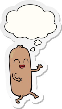 İnsan tarafından çizilmiş bir çıkartma olarak düşünce baloncuklu çizgi film sosisi.