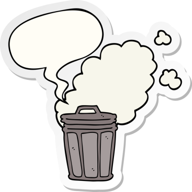 Bir insan tarafından çizilmiş konuşma balonu etiketli kokuşmuş çizgi film çöp tenekesi.