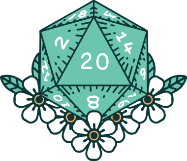 Retro Dövme Biçimi Doğal 20 D20 zar bir insan tarafından çizilmiş çiçek elementleriyle