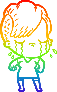 Gökkuşağının gradyan çizimi bir insan tarafından çizilmiş ağlayan bir kız çizgi filmi.