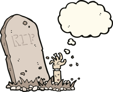 Bir insan tarafından çizilmiş düşünce baloncuğuyla mezardan yükselen bir zombi çizgi filmi.