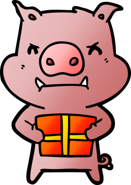 Bir insan tarafından çizilmiş Noel hediyeli kızgın çizgi film domuzu.