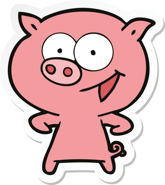 Bir insan tarafından çizilmiş neşeli bir domuz çizgi filminin çıkartması.