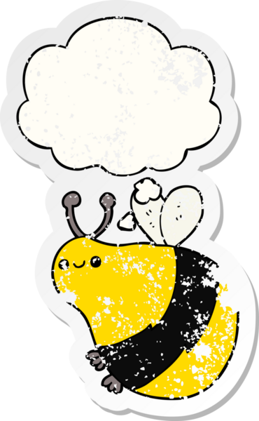 Düşünce baloncuğu olan çizgi film arısı insan tarafından çizilmiş yıpranmış bir çıkartma.