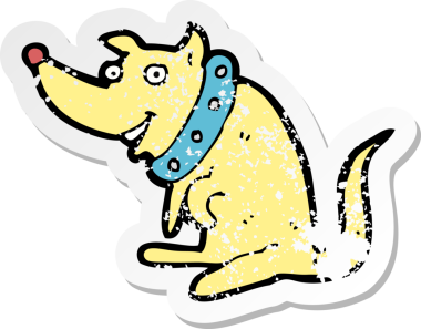 Bir insan tarafından çizilmiş, büyük yakalı, mutlu bir köpeğin gerilimli çıkartması.