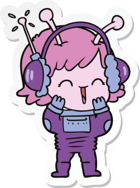 Bir insan tarafından çizilmiş müziği dinleyen uzaylı bir kızın çıkartması.