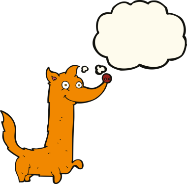 Bir insan tarafından çizilmiş düşünce balonlu mutlu bir köpek.