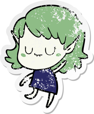 Bir insan tarafından çizilmiş bir elbise giyen mutlu bir elf kızının sıkıntılı çıkartması.