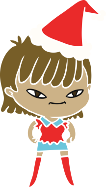 Bir insan tarafından çizilmiş Noel Baba şapkası takan bir kadının düz renkli çizimi.