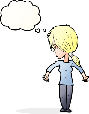 Bir insan tarafından çizilmiş düşünce baloncuğuyla omuz silken çizgi film kadını.