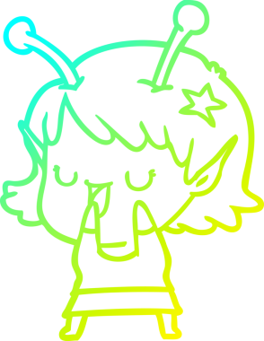 Bir insan tarafından çizilmiş mutlu bir uzaylı kız çizgi filmi.