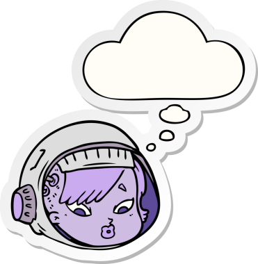 İnsan tarafından çizilmiş bir çıkartma gibi düşünce baloncuğu olan astronot yüzü.