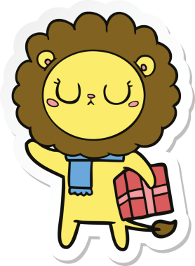 Bir insan tarafından çizilmiş noel hediyeli çizgi film aslanının çıkartması.