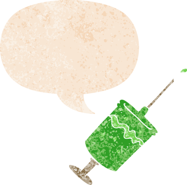 Bir insan tarafından çizilmiş grunge sıkıntılı retro desenli konuşma baloncuklu şırınga iğnesi