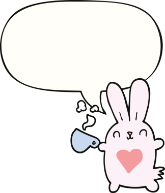 Sevgi dolu bir kalbi ve bir insan tarafından çizilmiş konuşma balonlu kahve fincanı olan sevimli çizgi film tavşanı.