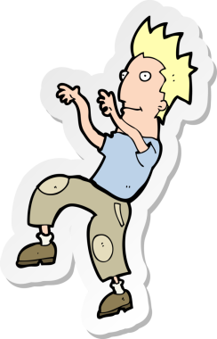 Çizgi film çıkartması. Mutlu adam bir insan tarafından çizilmiş komik bir dans yapıyor.