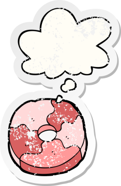 Düşünce baloncuklu çizgi film bisküvisi insan tarafından çizilmiş yıpranmış bir çıkartma.