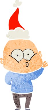 Bir insan tarafından çizilmiş Noel Baba şapkası giymiş kel bir adamın el çizimi karikatürü.