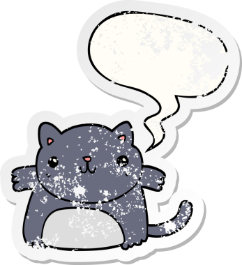 Konuşma baloncuğu olan çizgi film kedisi bir insan tarafından çizilmiş sıkıntılı eski bir çıkartma