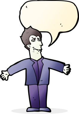 Bir insan tarafından çizilmiş konuşma balonuyla kollarını açmış vampir bir çizgi film karakteri.