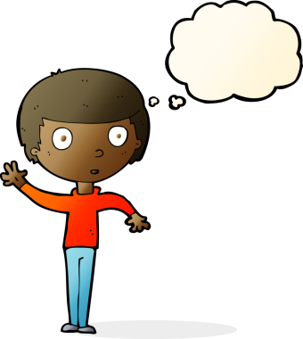 Bir insan tarafından çizilmiş düşünce baloncuğu olan bir çocuk.