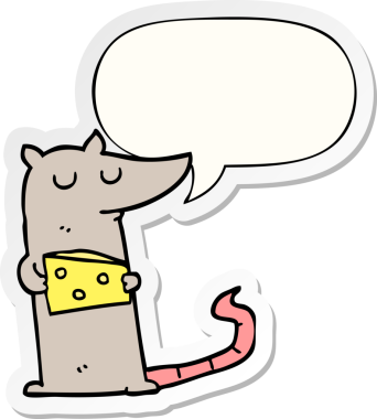 Bir insan tarafından çizilmiş konuşma balonu çıkartmalı peynirli çizgi film faresi.