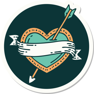 Bir insan tarafından çizilmiş ok kalp ve pankartın geleneksel stiliyle dövme çıkartması.