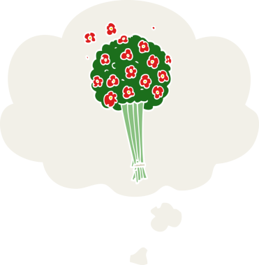 Bir insan tarafından çizilmiş, düşünce baloncuğu olan bir demet çiçek.