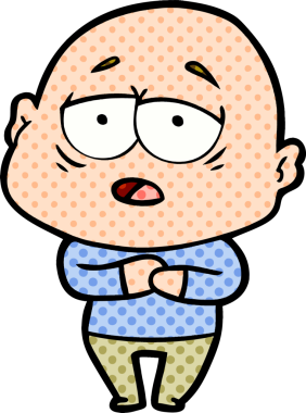 Bir insan tarafından çizilmiş yorgun, kel bir adam.